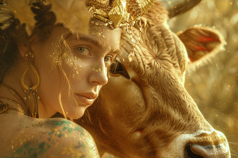 digital art of Hera, queen of the Greek gods with her sacred cow