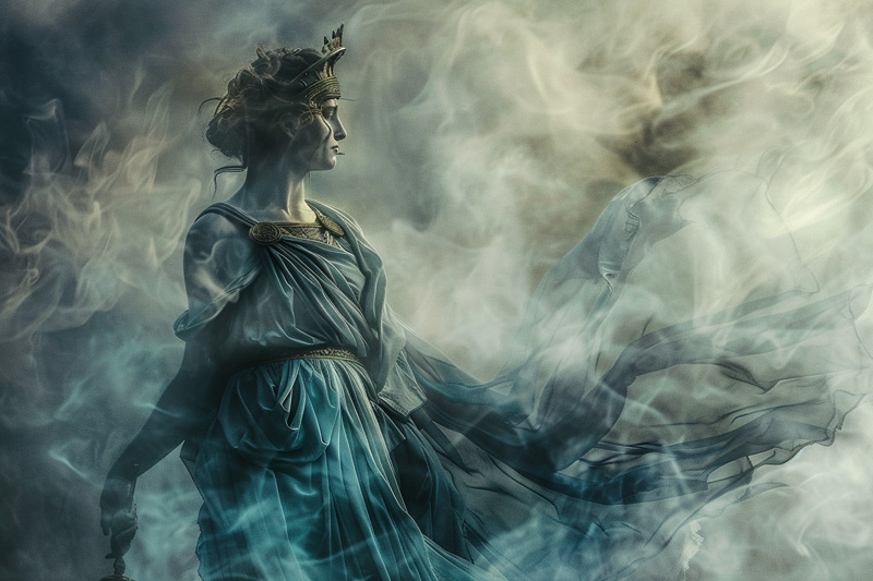 digital art of Hera, queen of the Greek gods with her sacred cow